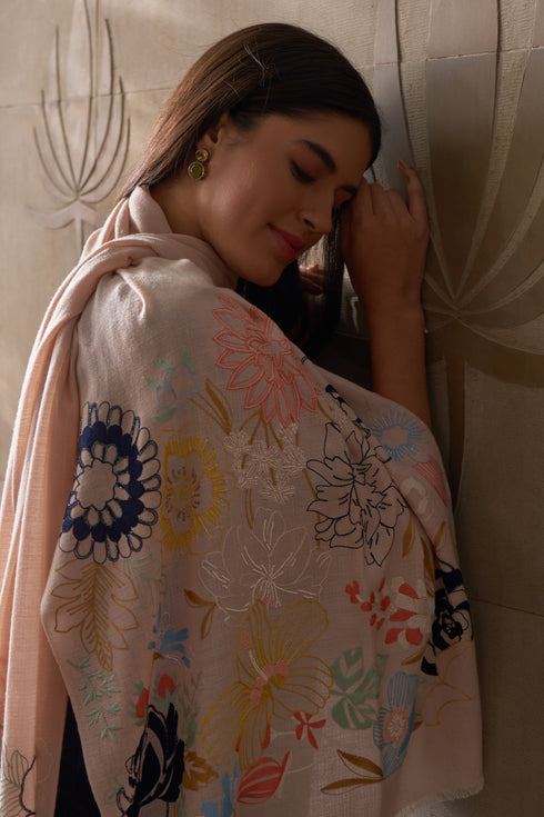 Blazing Bloom Border | Embroidered Wool Silk Stole